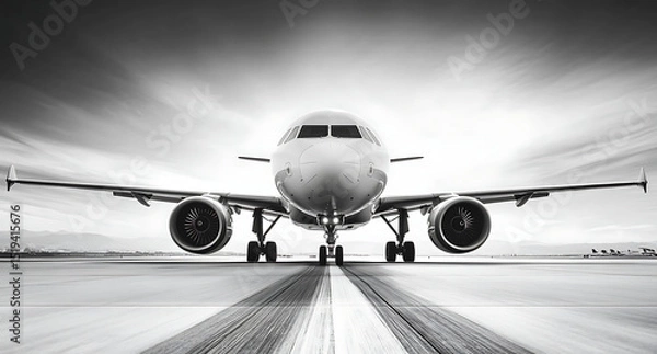 Obraz Black and white photograph of an airplane on the runway, frontal view. Black and white photo with copy space. Airbus A320 plane on the airport apron.
