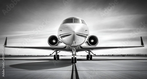 Obraz Black and white photograph of an airplane on the runway, with focus on its engines and front nose in high resolution.
