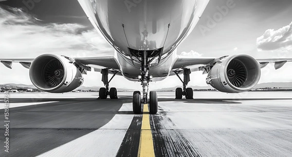 Fototapeta Black and white photograph of an airplane on the runway, with focus on its engines and front nose in high resolution.