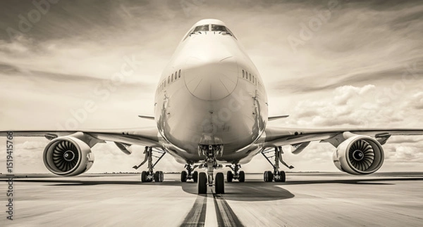 Obraz Black and white photograph of an airplane on the runway, with focus on its engines and front nose in high resolution.
