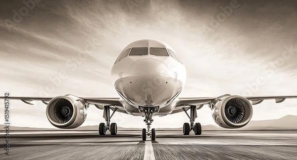 Obraz Black and white photograph of an airplane on the runway, with focus on its engines and front nose in high resolution. 