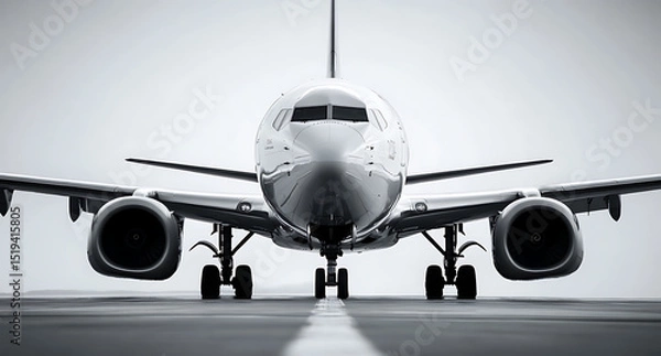 Fototapeta Black and white photograph of an airplane on the runway, with focus on its engines and front nose in high resolution. 