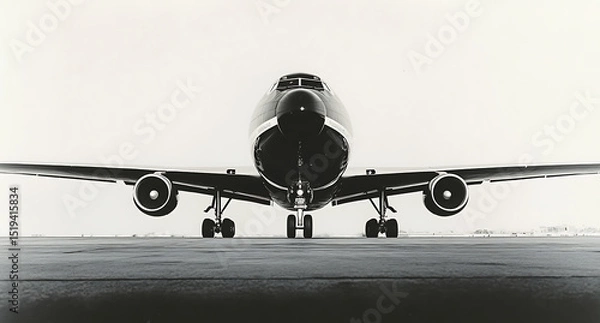 Obraz Black and white photograph of an airplane on the runway, with focus on its engines and front nose in high resolution. 
