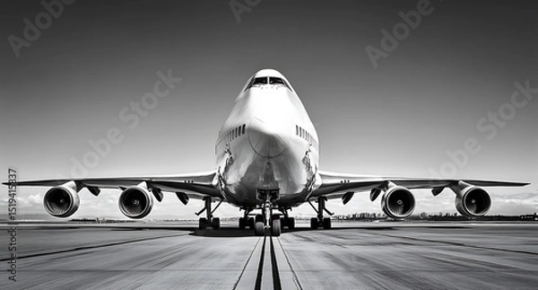 Fototapeta Black and white photograph of an airplane on the runway, with focus on its engines and front nose in high resolution. 