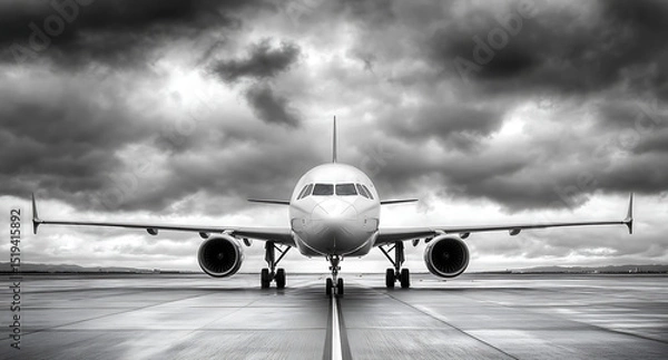Obraz Black and white photograph of an airplane on the runway, frontal view. Black and white photo with copy space. Airbus A320 plane on the airport apron.
