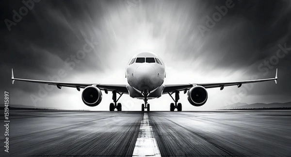 Obraz Black and white photograph of an airplane on the runway, frontal view. Black and white photo with copy space. Airbus A320 plane on the airport apron.