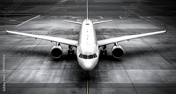 Obraz Black and white photograph of an airplane on the runway, frontal view. Black and white photo with copy space. Airbus A320 plane on the airport apron.