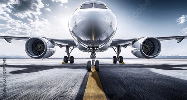 Obraz Black and white photograph of an airplane on the runway, with focus on its engines and front nose in high resolution. 