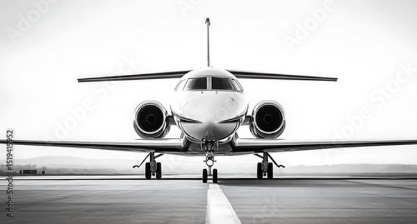 Obraz Black and white photograph of an airplane on the runway, with focus on its engines and front nose in high resolution. 
