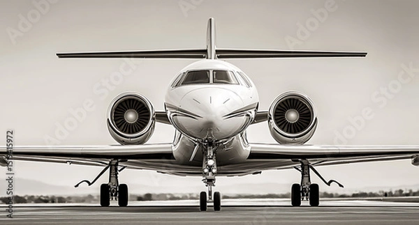 Obraz Black and white photograph of an airplane on the runway, with focus on its engines and front nose in high resolution. 