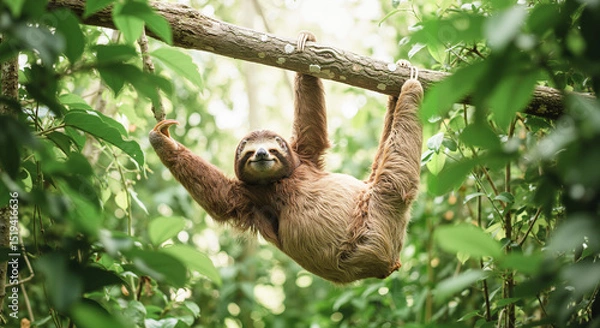 Fototapeta Three-toed sloth hanging on tree branch in tropical rainforest – wildlife photo for nature campaigns and eco content