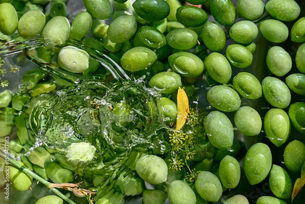 Fototapeta Green olives floating in water with splashes and water drops.