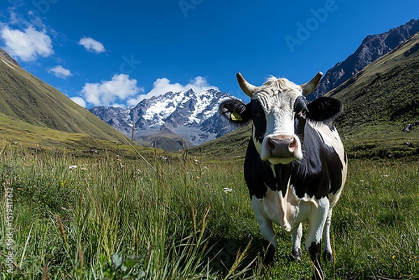 Obraz Black and white cow in a green, grassy field with mountains in the background, close-up of the face smiling at the camera, clear blue sky, vibrant colors, sunny day, natural lighting, high-resolution 