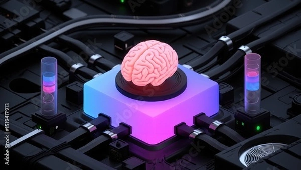 Fototapeta Glowing human brain model mounted on a futuristic illuminated platform surrounded by interconnected cables and high-tech components in a dark setting