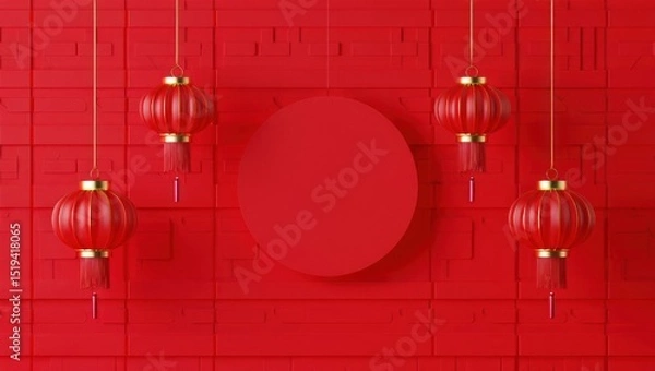 Fototapeta Symmetrical arrangement of five traditional red Chinese lanterns hanging against a red geometric patterned wall with a large red circular panel in the center, evoking festive and cultural warmth