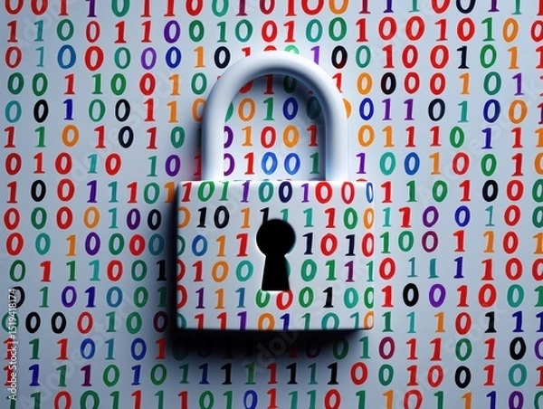 Fototapeta White padlock centered on a background filled with colorful binary code digits representing digital security and data protection