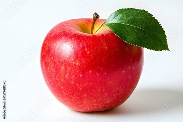Fototapeta A single red apple with a stem and green leaf on a white background in a studio shot close up view