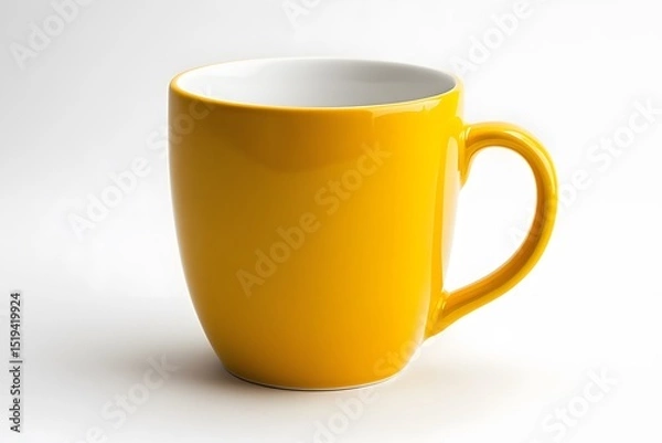 Fototapeta A close up of a bright yellow ceramic mug with a handle and a white interior on a white background