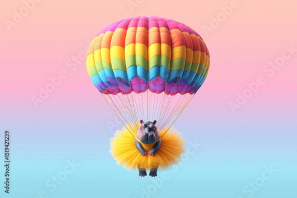 Obraz Funny hippo in tutu with bright parachute on gradient background, suitable for kids content, toy design, animation, game asset, publishing, preschool marketing, and creative entertainment brands