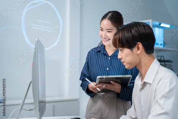 Fototapeta Asian software engineer or programmer team working late in development office,problem solving or algorithm of ai assistant helping for work.software developer,digital technology security concept