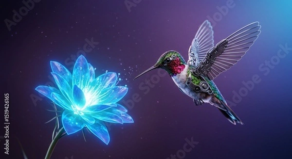 Fototapeta Robotic Hummingbird Hovering by Neon Flower