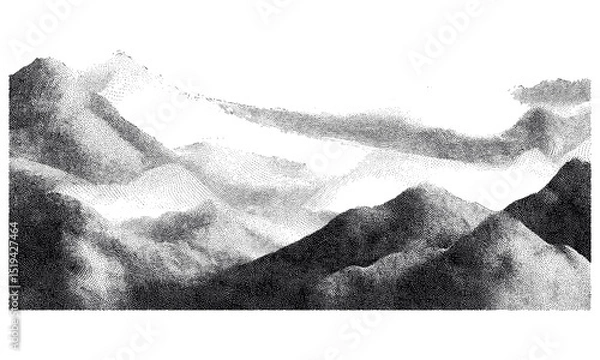Obraz Gritty stippled pattern, abstract undulating rocky mountain background, grainy monochrome texture, flowing hills, vector illustration, halftone noise, mountain landscape, organic texture.