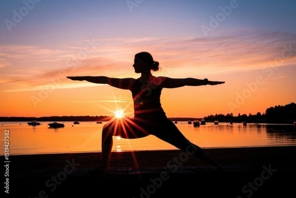 Fototapeta Silhouette of a woman practicing warrior yoga pose on a waterfront during vibrant sunset with boats floating on calm water