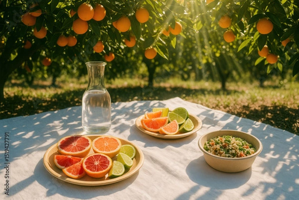 Fototapeta High-Key Citrus Orchard Picnic with Bamboo Tableware