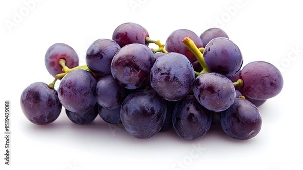 Fototapeta A close up shot of a bunch of fresh dark purple grapes with water droplets on a white background surface