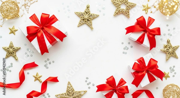 Fototapeta christmas stars gits boxs background with red bow christmas background