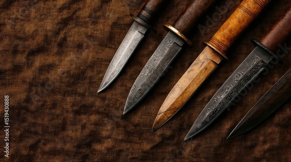 Obraz Diverse Collection of Traditional Knives Displayed on Rustic Fabric Background for Culinary and Craft Use