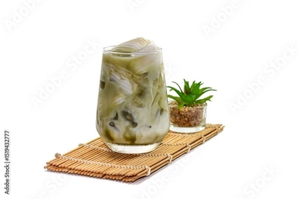 Obraz Ice matcha green tea put on wooden plate on white background and concept isolation.