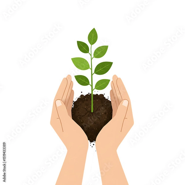 Fototapeta Hands holding a small plant with soil in a nurturing gesture  