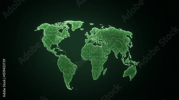 Fototapeta A futuristic green map of the world displayed on a dark background, symbolizing innovation and global connectivity.