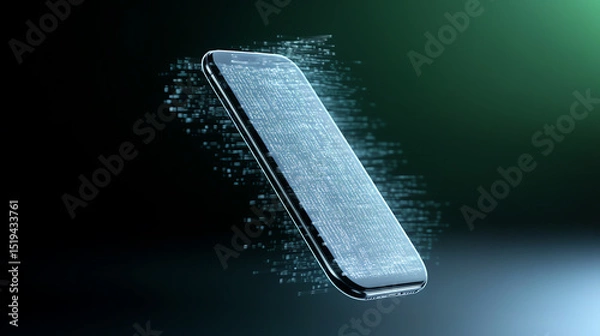 Fototapeta A futuristic smartphone floating in digital space, showcasing advanced technology and innovation with a sleek design.