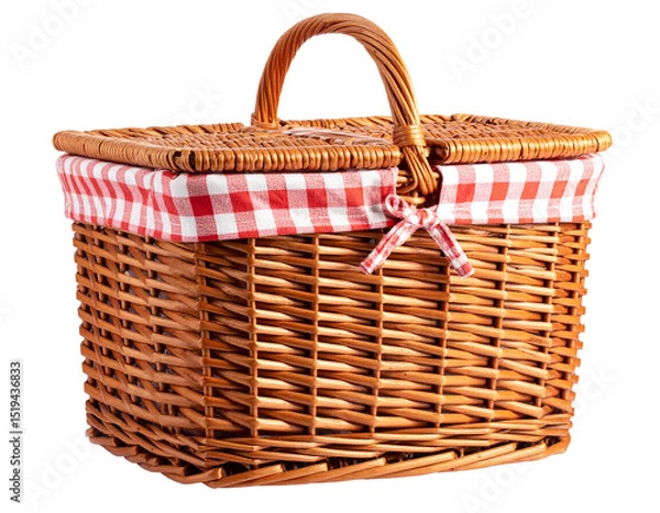 Fototapeta Wicker Picnic Basket with Red Checkered Cloth isolated on transparent or white background	
 
