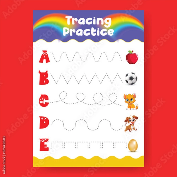 Obraz Alphabet line Tracing Practice Worksheet for Preschool Kids, an A4 printready worksheet vector template for kids suitable for back to school