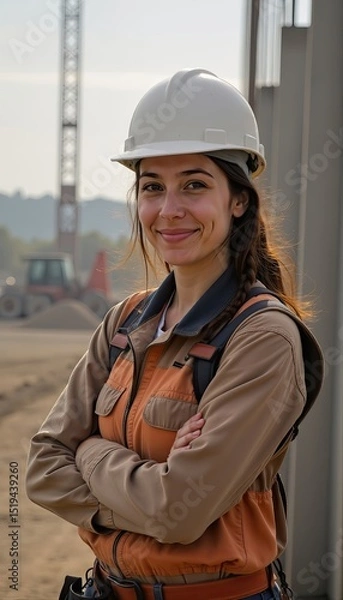 Obraz Smiling adult woman in a white hard hat and work jacket standing with arms crossed at a construction site, representing women in engineering and construction.