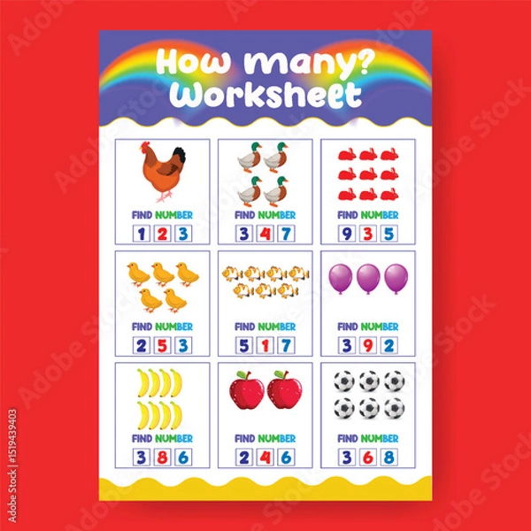 Fototapeta Counting Worksheet template for Kids Number Recognition and Matching Activity, a4 print ready worksheet vector template for kids suitable for back to school