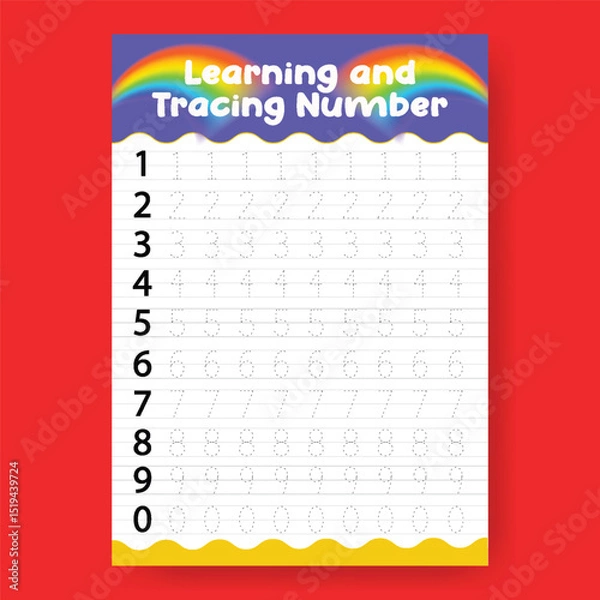Obraz Number Tracing and Learning Worksheet for Preschool Kids,  a4 print ready worksheet vector template for kids suitable for back to school