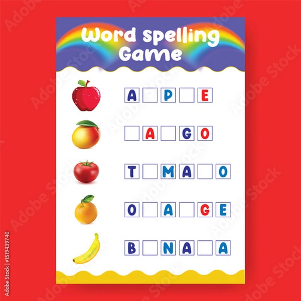 Obraz Word Spelling Game Worksheet template for Preschool Kids, an A4 printready worksheet vector template for kids suitable for back to school