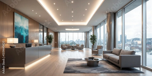Fototapeta Minimalist waiting area with a sleek metal desk, comfortable upholstered chairs, and contemporary artwork. Task lighting highlights the reception desk