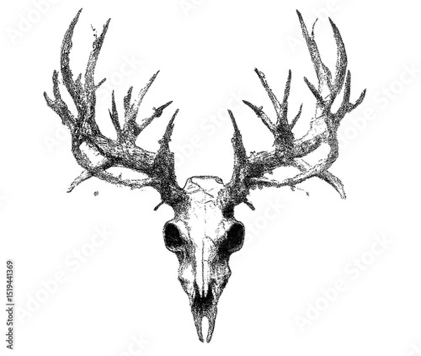 Obraz Mystical antler skull, vector illustration, collage element with vintage stipple photocopy effect, retro grainy texture, surreal tattoo, grunge aesthetic, 90s style, psychedelic artwork.