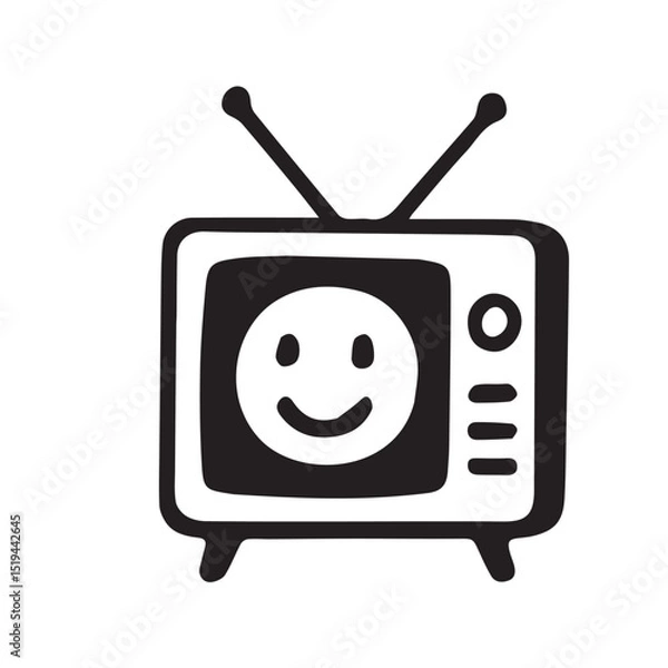 Fototapeta Simple black and white cartoon TV with happy face