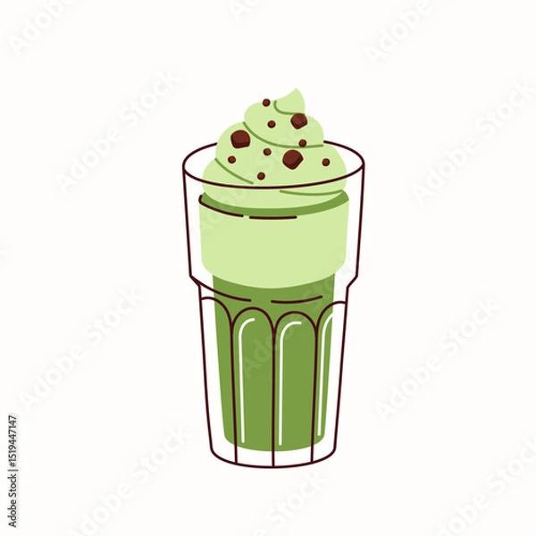 Fototapeta Matcha Latte with Whipped Cream in a Clear Glass, icon, isolated on the white background