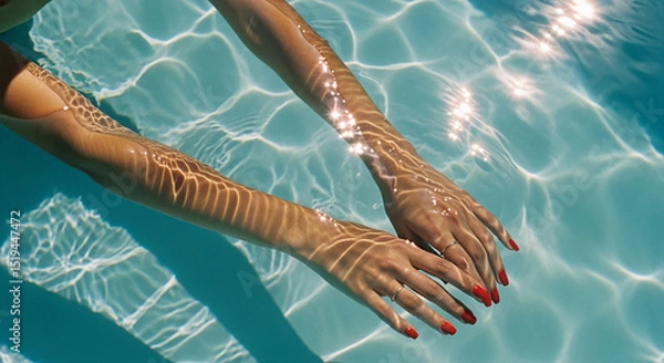Fototapeta Woman's hands with red nails submerged in turquoise water.
