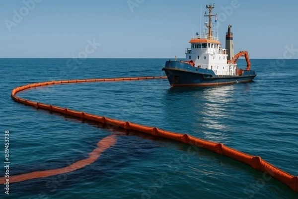 Fototapeta Ship deploying oil containment boom