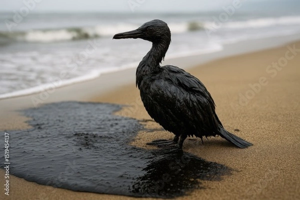 Fototapeta Bird soaked in oil on contaminated beach