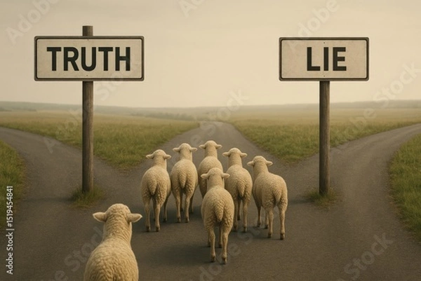 Fototapeta Group of sheep standing at a forked road facing signs Truth and Lie. Powerful visual metaphor for moral choice, herd mentality, critical thinking, and ethical decision making