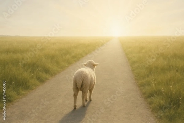 Fototapeta Lone sheep walking down a path toward bright light on the horizon. Symbolic concept of salvation, hope, faith, spiritual journey, and light at the end of the path